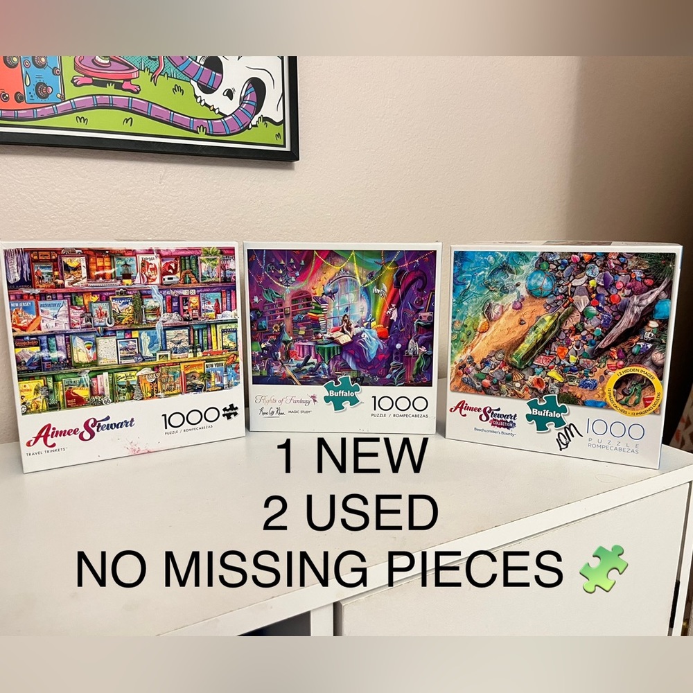 3 JIGSAW PUZZLES - 2 Aimee Stewart Collection 1 Flights of Fantasy Rose Cat Khan